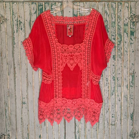 Johnny Was Tops - Light and Breezy Johnny Was Pink Blouse with Lace Trim-Large